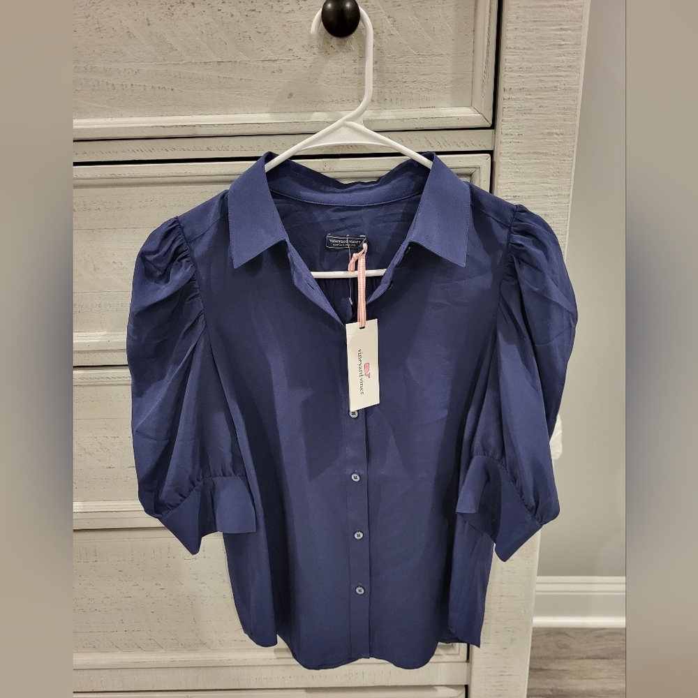 Vineyard Vines Navy Blue Puff Sleeve Blouse